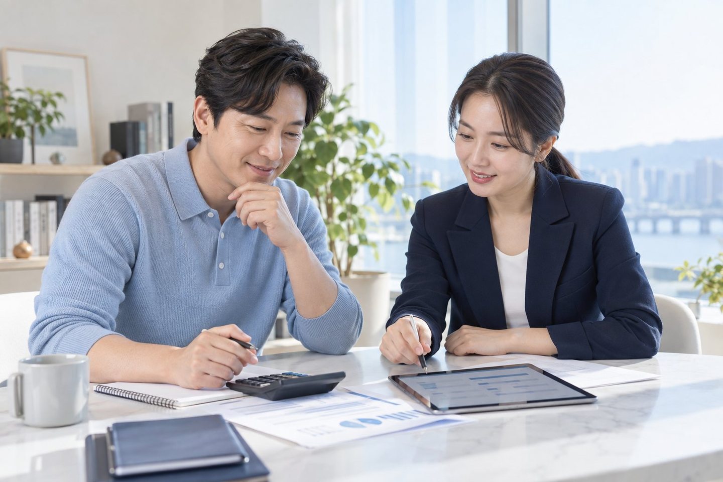 테이블에서 계약 내용을 확인하는 두 사람 — PG 소규모 매장 카드단말기 쓰던 기계를 내려놓는 날에도 계산대는 비지 않습니다.