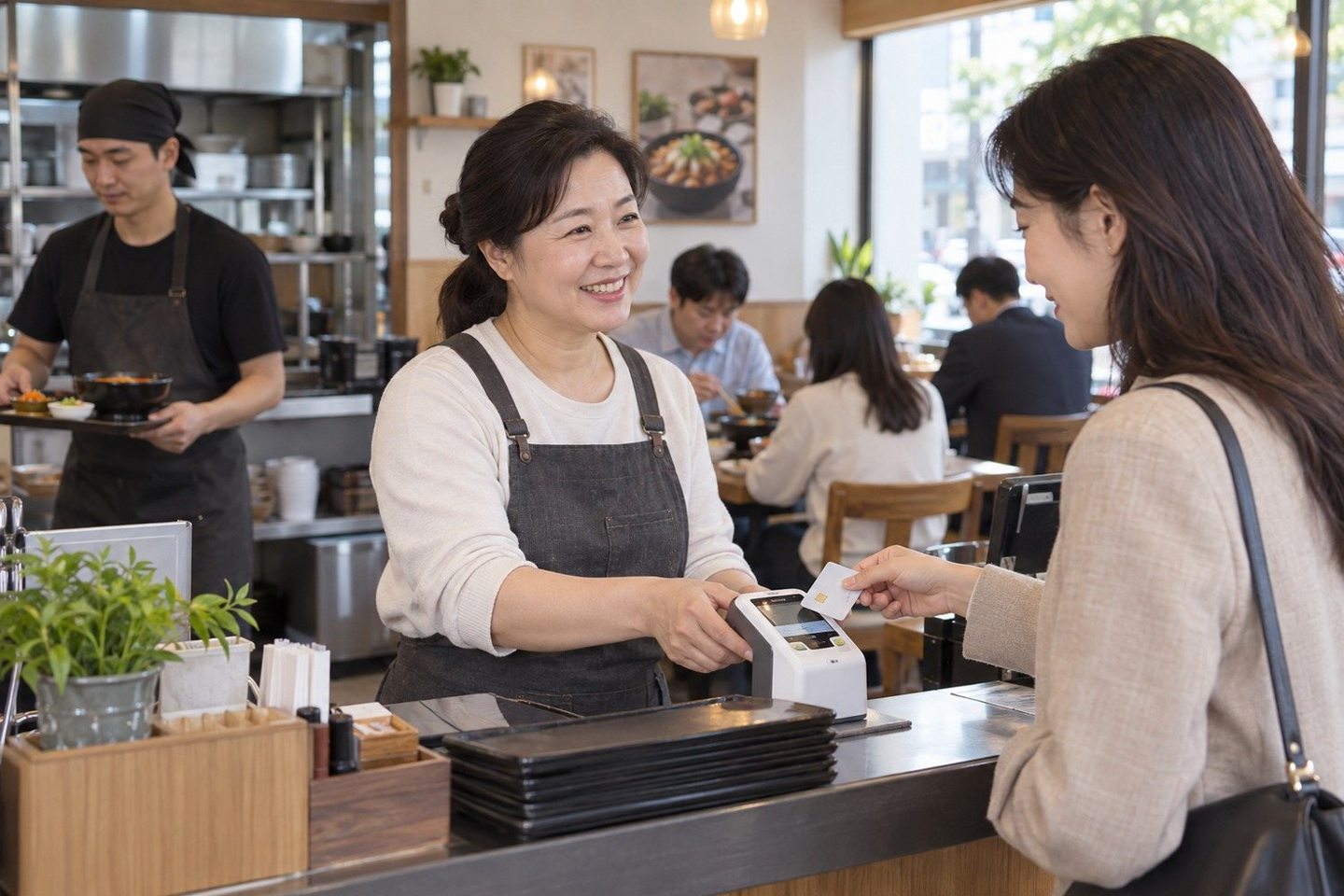 매장 카운터에서 고객에게 결제를 안내하는 여성 — 채소 가게의 한 주로 입금일을 짚어 볼게요
